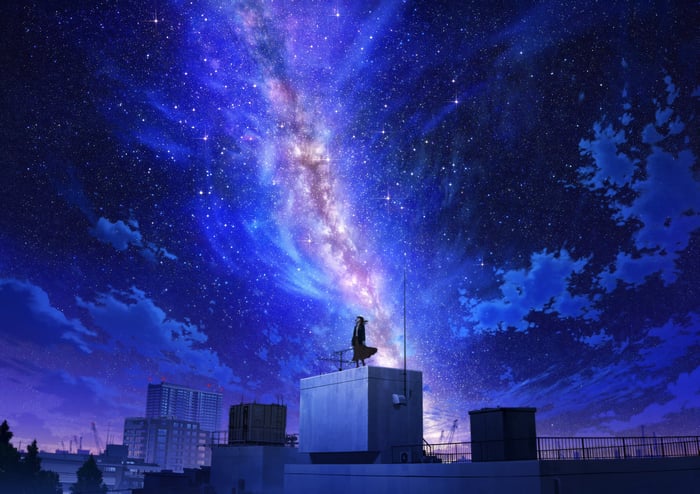 Anime girl on a rooftop under a starry sky