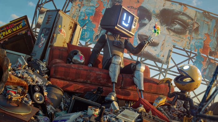 Robot with TV head holding a pinwheel in a junkyard