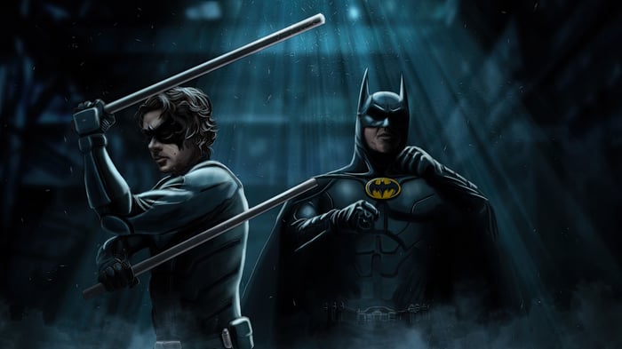 Nightwing and Batman with staffs