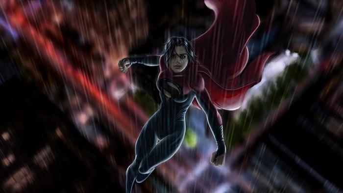 Supergirl flying through a rainy city