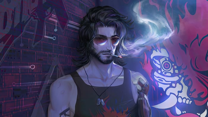 Johnny Silverhand Smoking with Cyberpunk Art