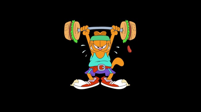 Garfield lifting weights made of hamburgers