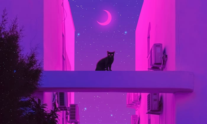 Black cat on a ledge under a crescent moon