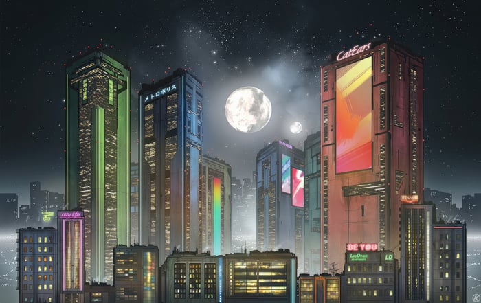 Cyberpunk Metropolis Under a Large Moon