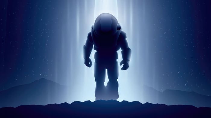 Astronaut standing in a beam of light