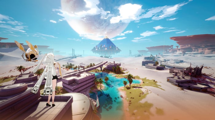 Tower of Fantasy desert landscape with floating pyramid
