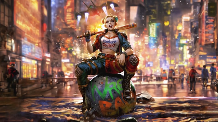 Harley Quinn sitting on a bomb in a city