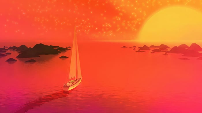 Sailboat on a calm sea at sunset with islands