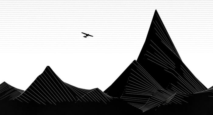 Airplane flying over stylized black mountains