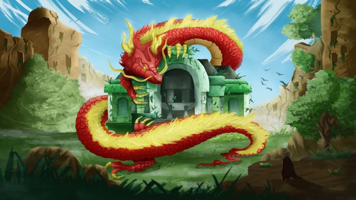 Red and yellow dragon guarding ancient ruins