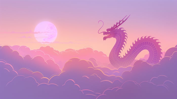 Dragon riding through clouds at sunrise