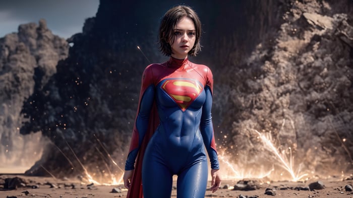 Sasha Calle as Supergirl in a post-apocalyptic landscape