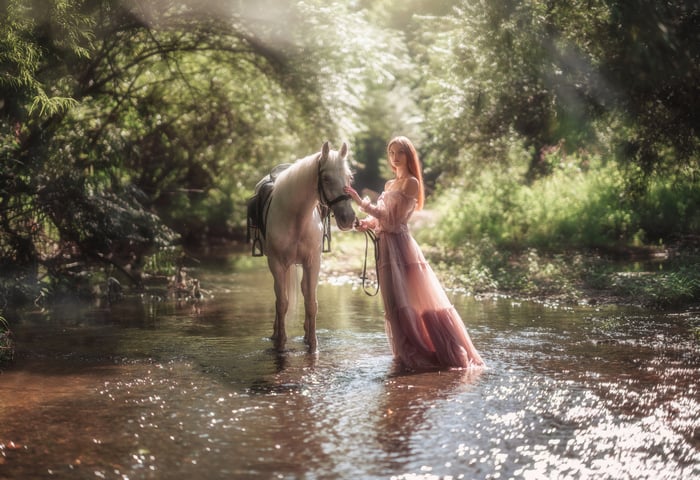 Girl and Majestic Horse in a Stream