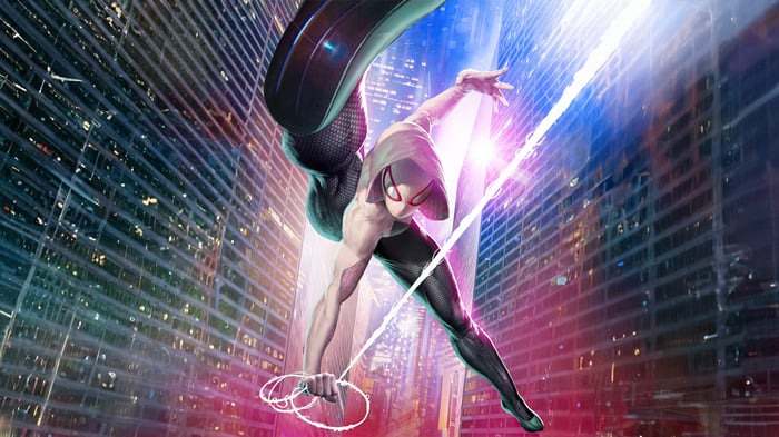 Spider-Gwen swinging through a futuristic city