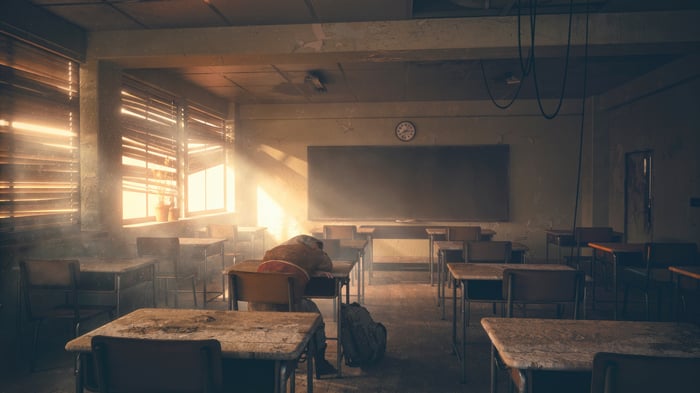 Lonely boy sleeping in a dusty classroom