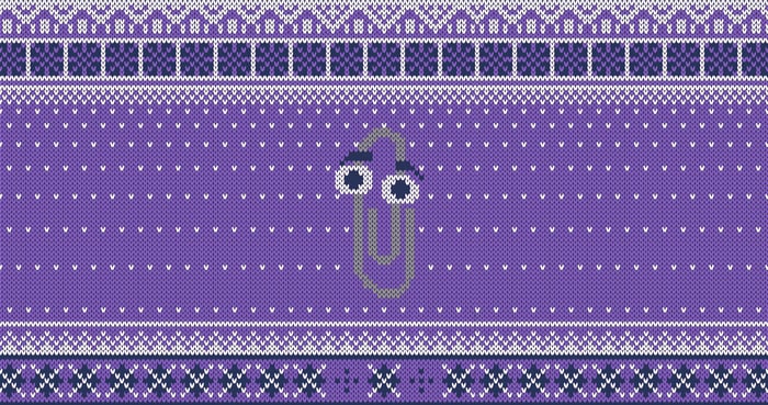 Clippy the Paperclip on a Purple Knitted Background