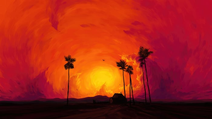 Sunset with Palm Trees and a Small House