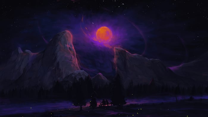 Couple sitting on bench under orange moon and purple nebula