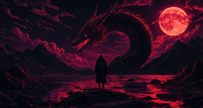 A lone figure faces a giant dragon under a red moon