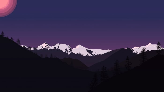 Minimalist mountain range at dusk with a large moon