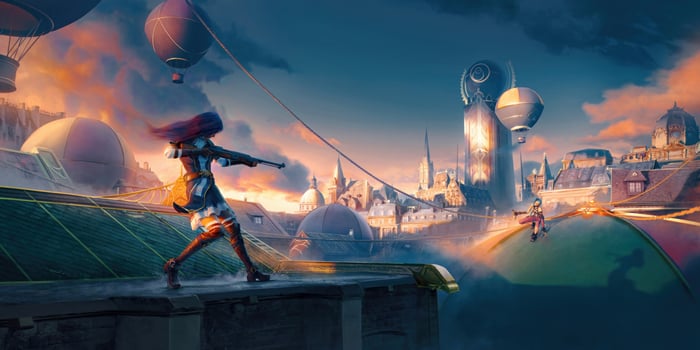Caitlyn and Jinx on a rooftop in a steampunk city
