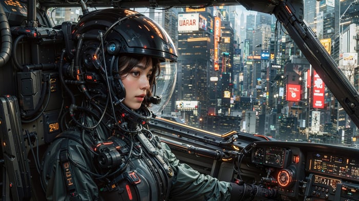 Pilot Girl in Futuristic City Cockpit