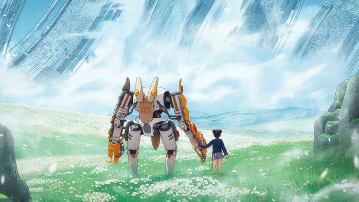 A girl and a robot in a field