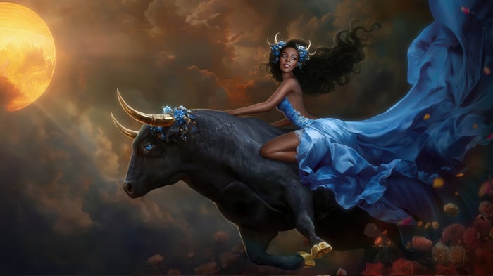 Jasmine Maiden Riding a Bull Under a Large Moon