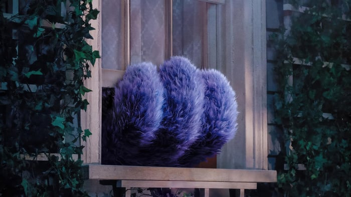 Purple fluffy objects in a window