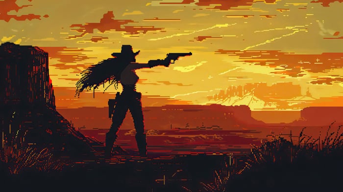 Pixel Art Cowgirl Shooting Gun at Sunset