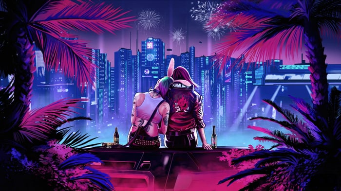 Cyberpunk 2077 Game Couple Watching Fireworks