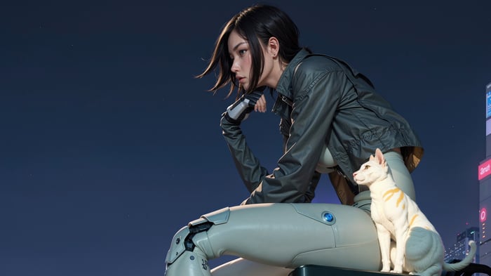 Scifi girl with cybernetic leg and cat