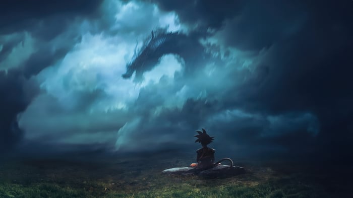 Goku and Shenron in a stormy sky