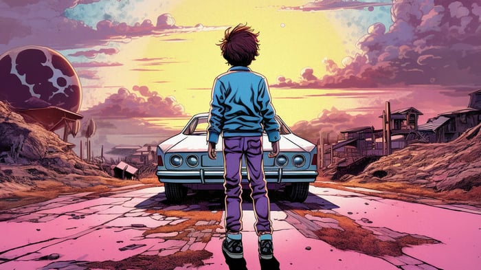 A boy stands before a car at sunset