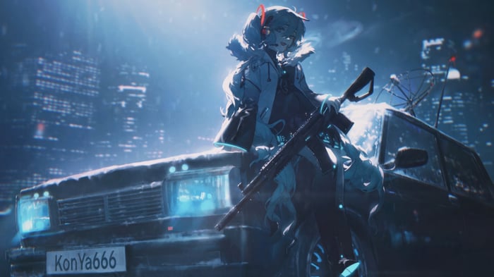 Hatsune Miku with a rifle by a car in a city