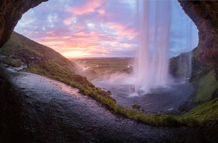 Seljalandsfoss Waterfall Iceland at Sunset