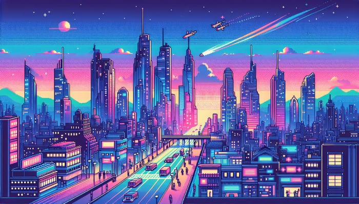 Retro Futuristic Pixel Art Cityscape with Flying Vehicles