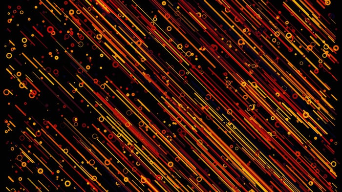 Abstract dark background with diagonal orange and red lines and circles