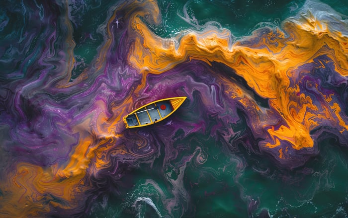 Yellow boat in colorful swirling water