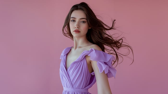 Beautiful girl with flowing hair in a purple dress