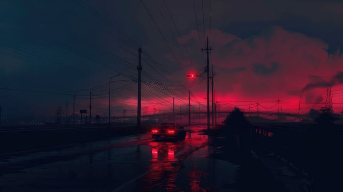 Car driving on wet road at sunset