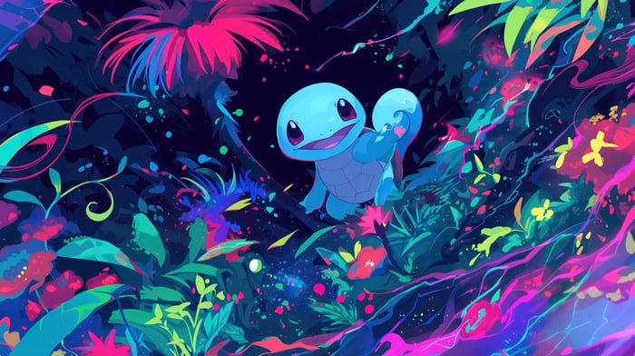 Squirtle Pokemon in a Neon Jungle