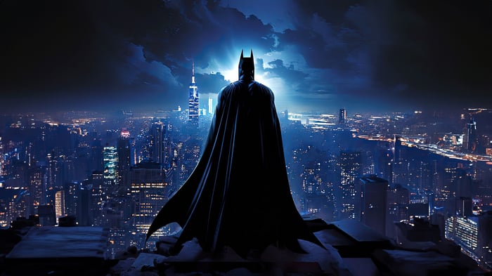 Batman overlooking Gotham City at night