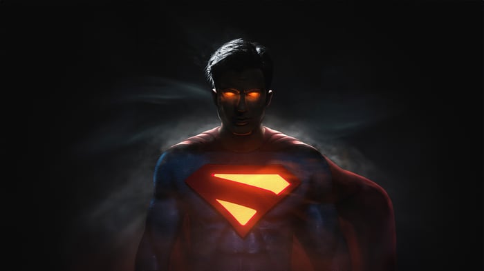 Superman with glowing eyes and S-shield