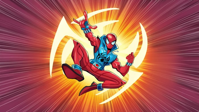 Scarlet Spider in a dynamic pose with a burst background