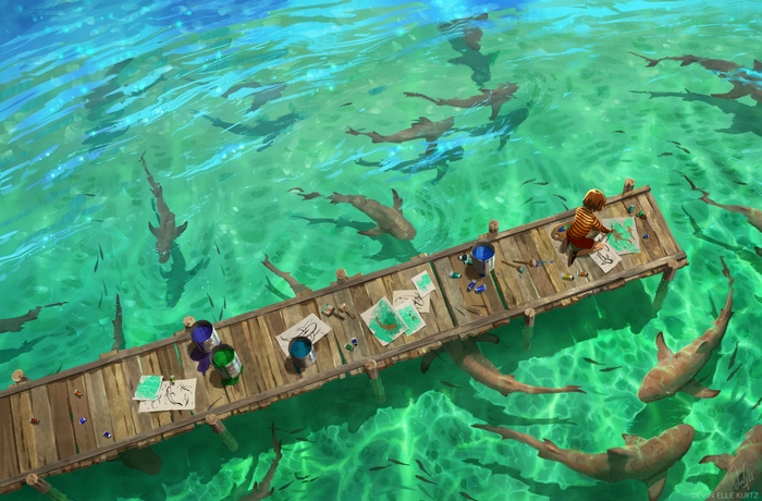 Girl painting sharks from a wooden pier