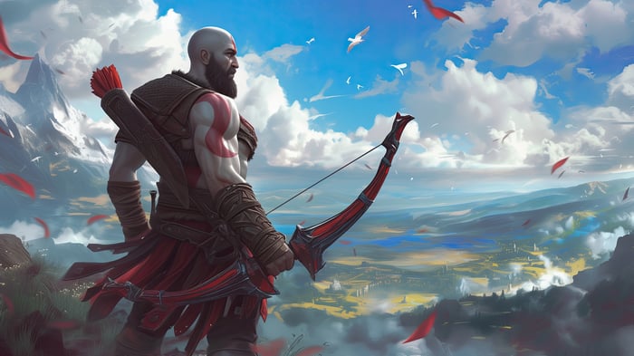 Kratos with Bow and Arrow in a Mountain Landscape