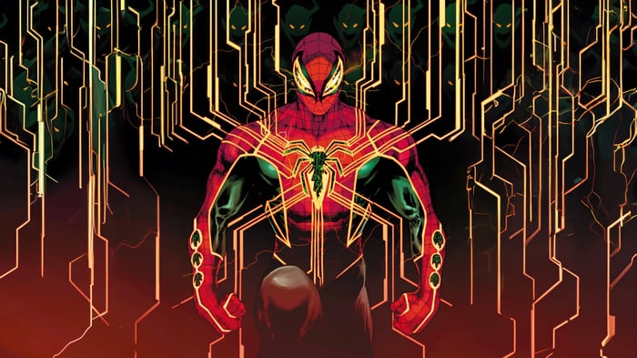 Spider-Man in a high-tech suit with green goblins in the background