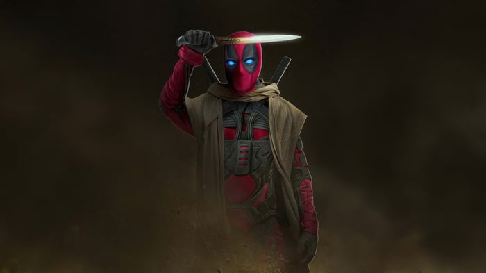 Deadpool holding a glowing knife