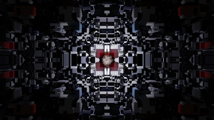 Abstract geometric formation with red accents